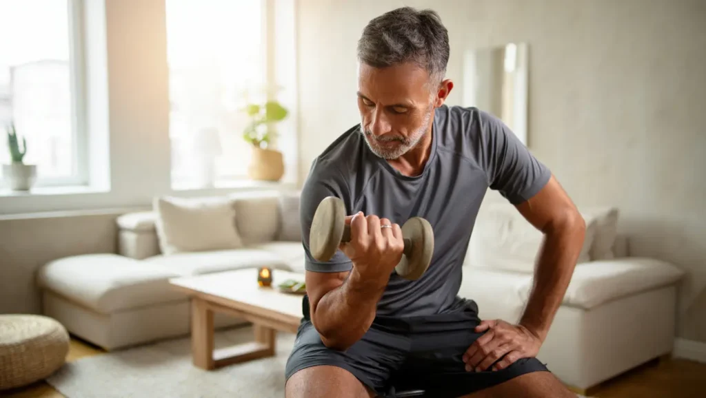 Persona mayor de 50 años realizando un ejercicio ligero en casa para mantener la constancia y el bienestar diario