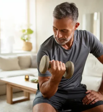 Persona mayor de 50 años realizando un ejercicio ligero en casa para mantener la constancia y el bienestar diario