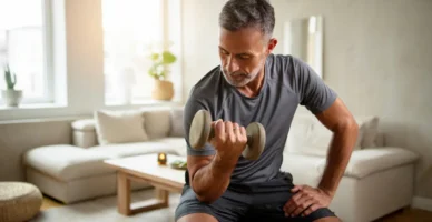 Persona mayor de 50 años realizando un ejercicio ligero en casa para mantener la constancia y el bienestar diario
