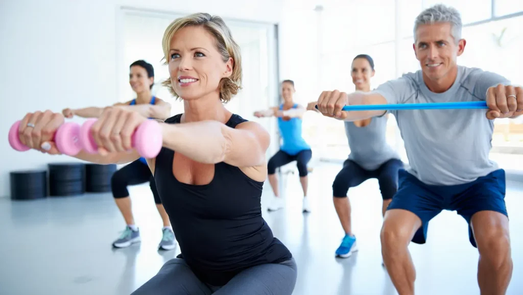 entrenamiento funcional para mayores de 50 haciendo ejercicios suaves”
