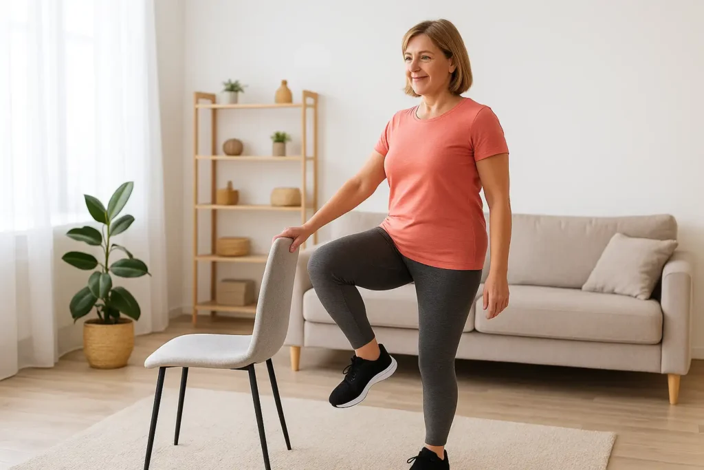 Mujer de 50 años haciendo un ejercicio de equilibrio en casa apoyada en una silla