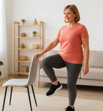 Mujer de 50 años haciendo un ejercicio de equilibrio en casa apoyada en una silla