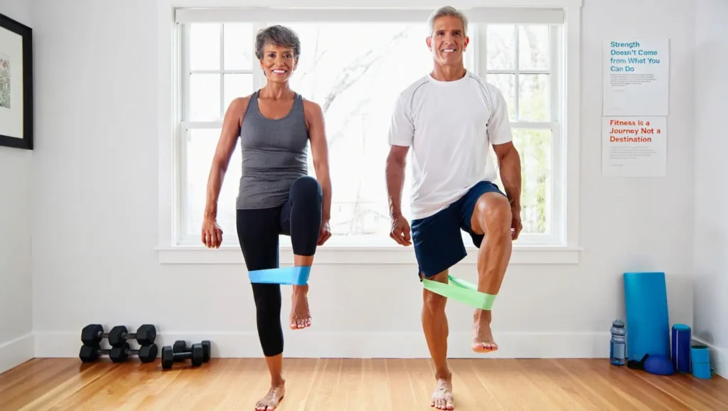 “Pareja de más de 50 años haciendo ejercicios suaves con bandas elásticas para fortalecer las articulaciones y mejorar la movilidad.”