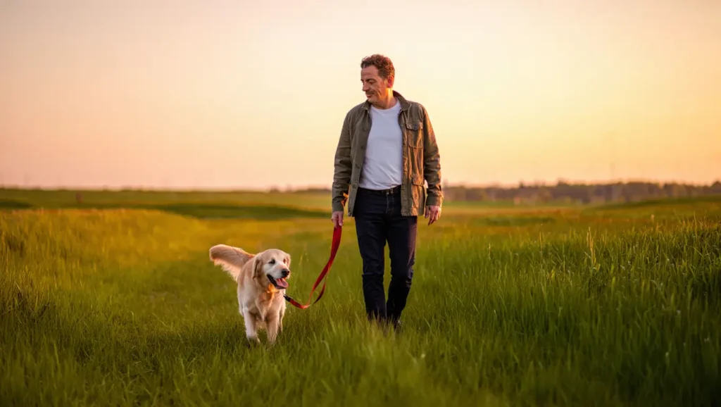 “Hombre de más de 50 caminando al atardecer con su perro para mejorar motivación y bienestar diario”