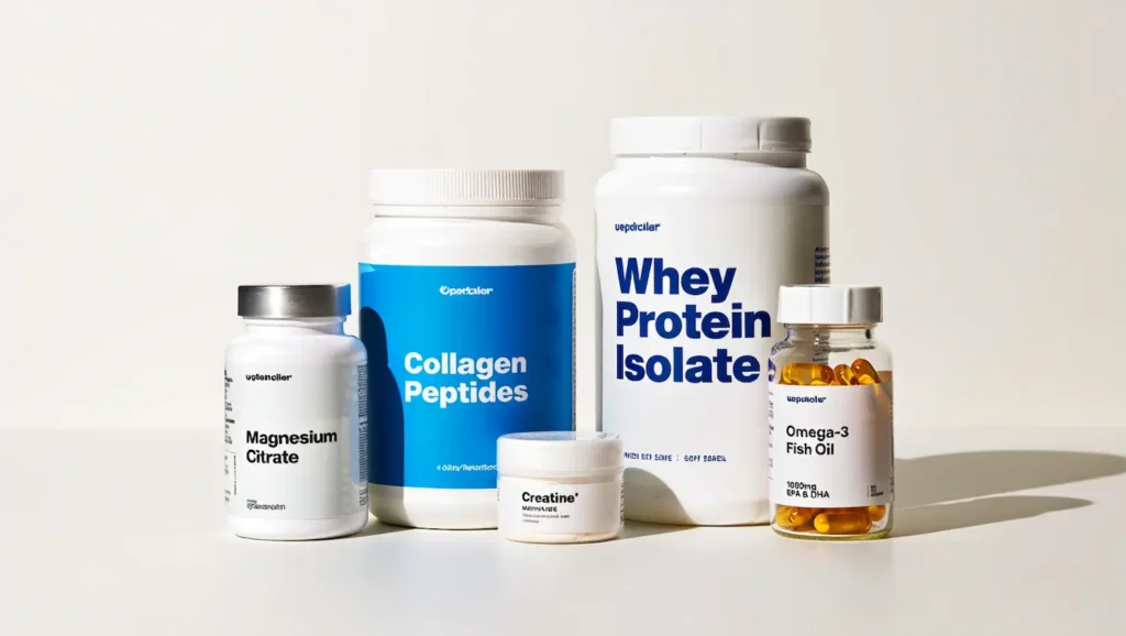 Suplementos naturales para mayores de 50: colágeno, magnesio, proteína y omega 3 organizados sobre una mesa.