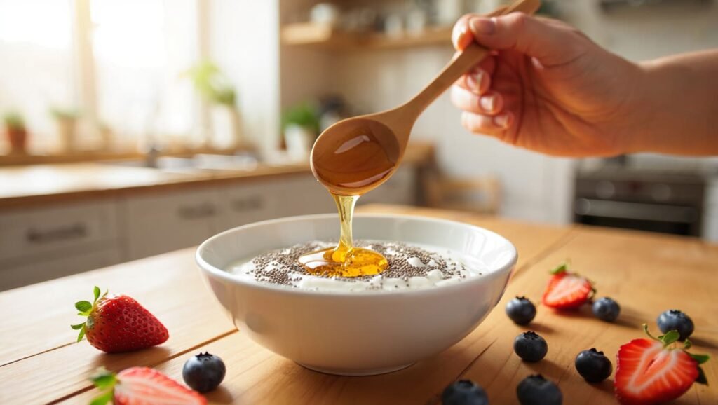 "Yogur natural con semillas, miel y fruta, desayuno ligero para mayores de 50"