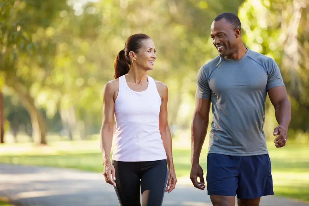 "Pareja caminando al aire libre para mejorar la salud después de los 50"